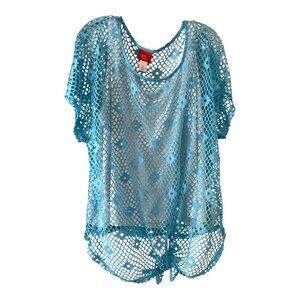 Hearts of Palm Woman 2X Blue Mesh Crochet Overlay Top Short Sleeve